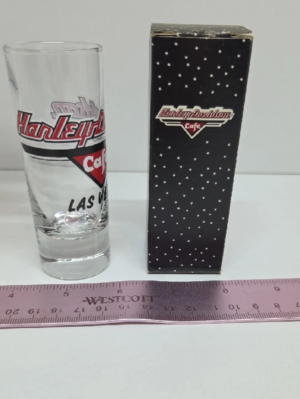 Vintage Harley-Davidson Red & Black Cafe Las Vegas Shot Glass with Box
